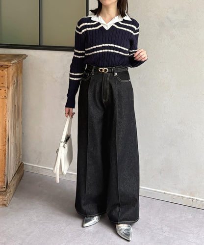 襯衫拼接麻花條紋針織上衣