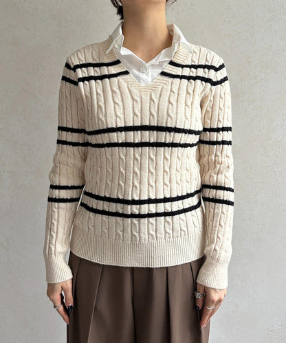 襯衫拼接麻花條紋針織上衣