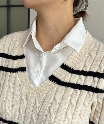 襯衫拼接麻花條紋針織上衣