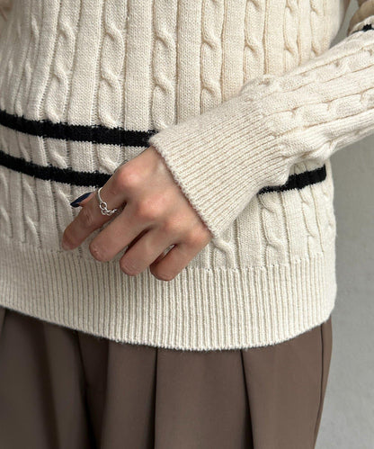 襯衫拼接麻花條紋針織上衣