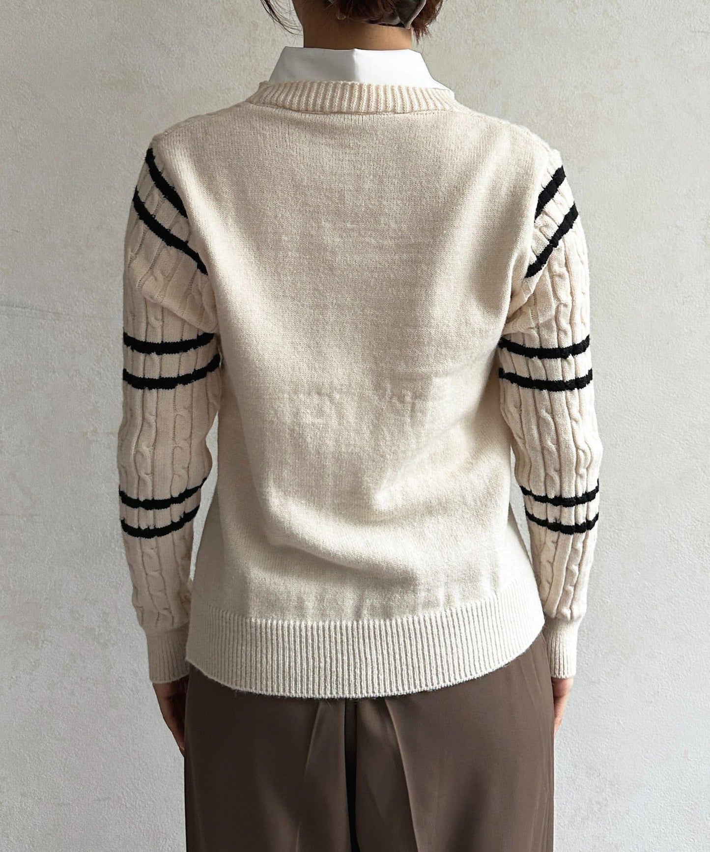 襯衫拼接麻花條紋針織上衣