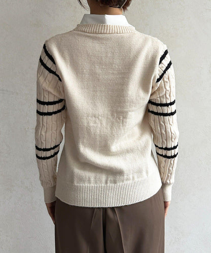 襯衫拼接麻花條紋針織上衣