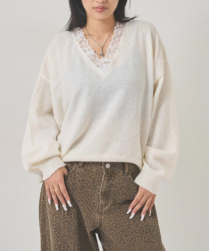 WHO'S WHO gallery 蕾絲V領 針織上衣