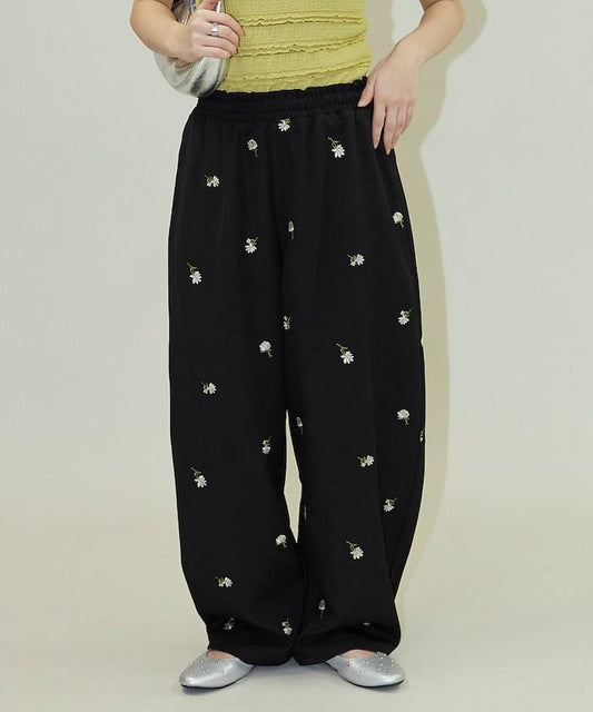 繭形 小花刺繡 休閒褲