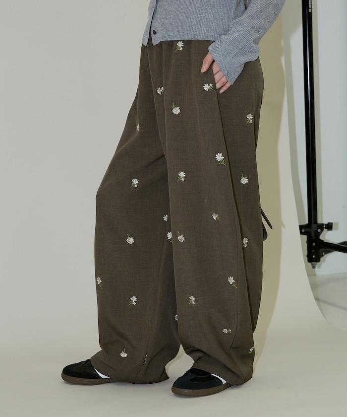 繭形 小花刺繡 休閒褲