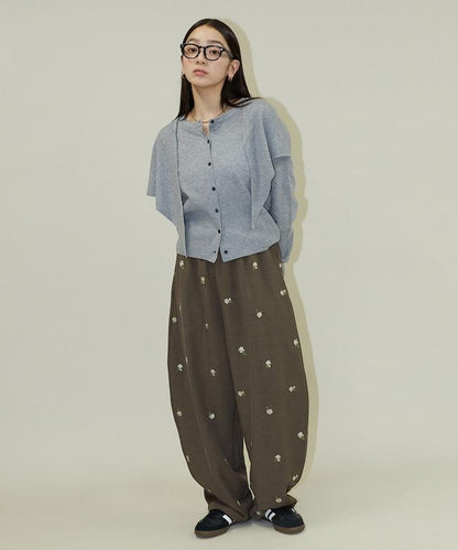 繭形 小花刺繡 休閒褲