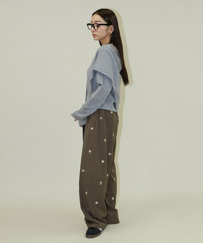 繭形 小花刺繡 休閒褲