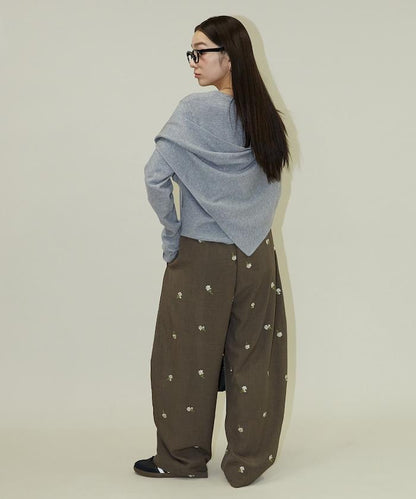 繭形 小花刺繡 休閒褲