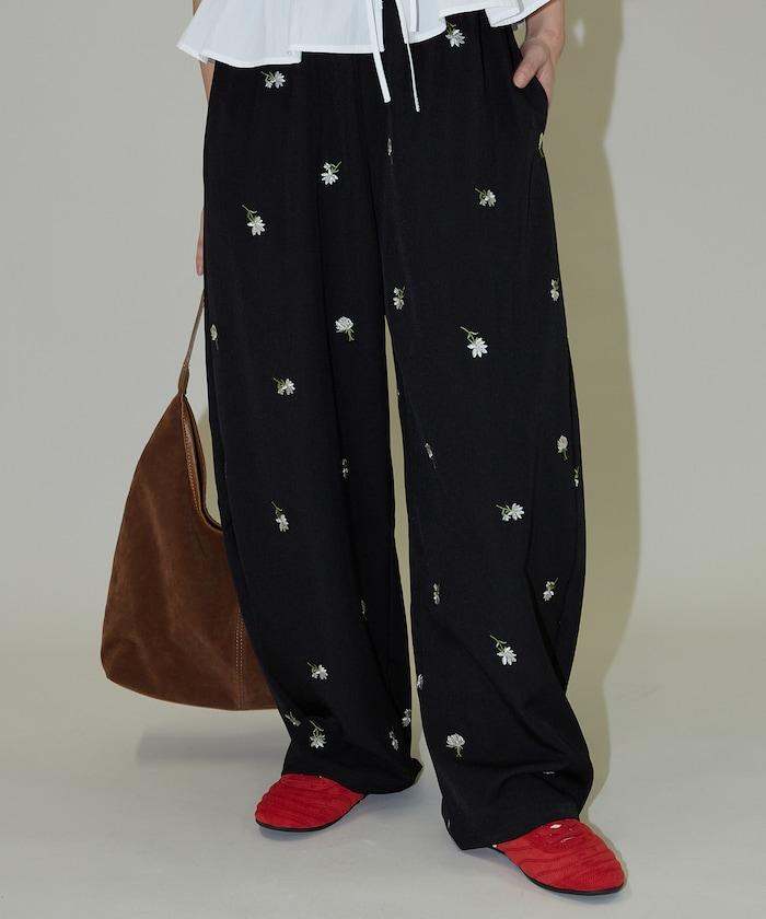 繭形 小花刺繡 休閒褲