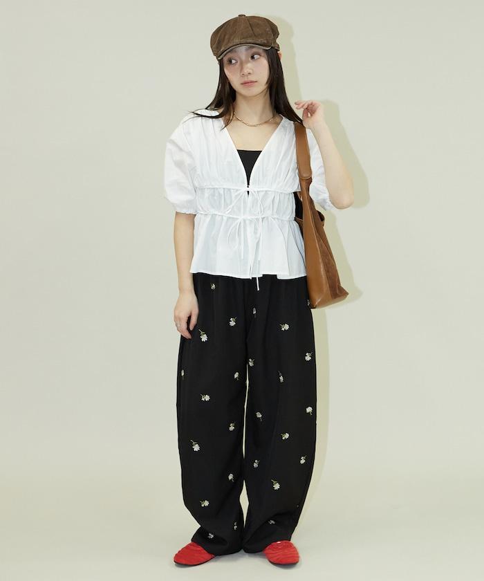 繭形 小花刺繡 休閒褲