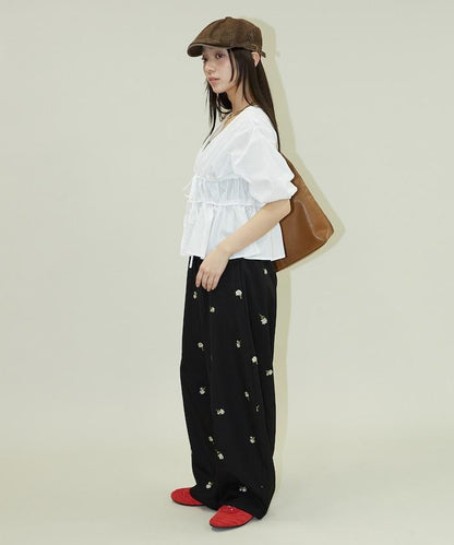 繭形 小花刺繡 休閒褲