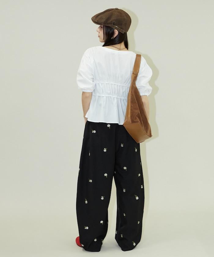 繭形 小花刺繡 休閒褲