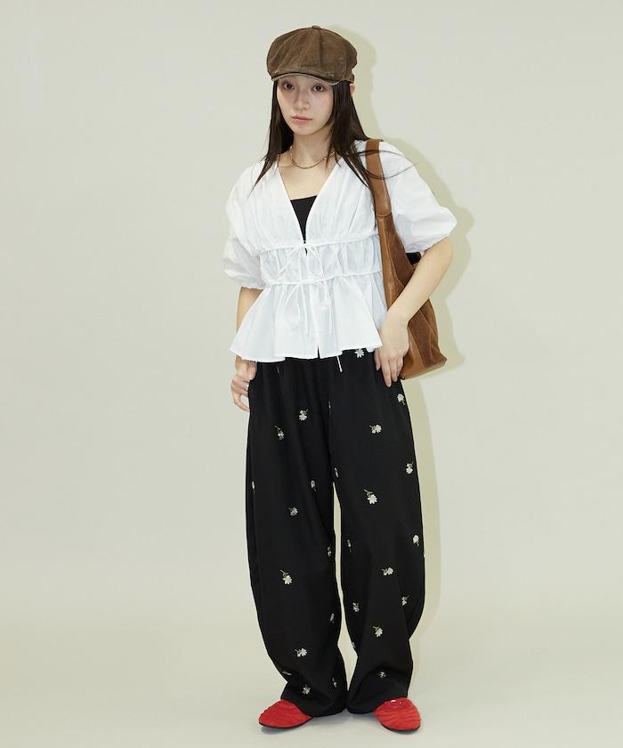 繭形 小花刺繡 休閒褲