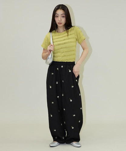 繭形 小花刺繡 休閒褲