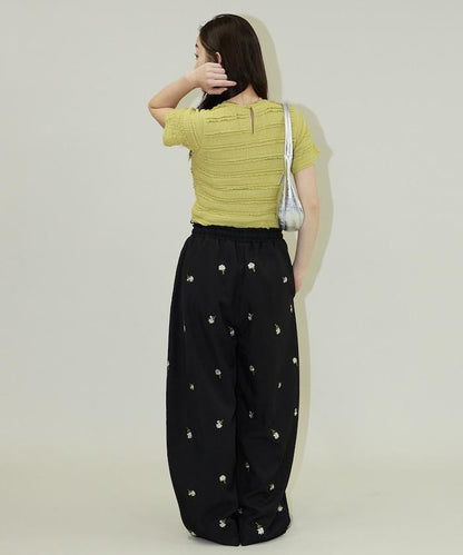 繭形 小花刺繡 休閒褲