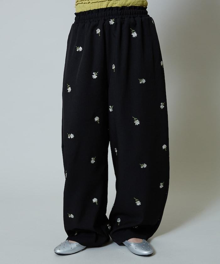 繭形 小花刺繡 休閒褲