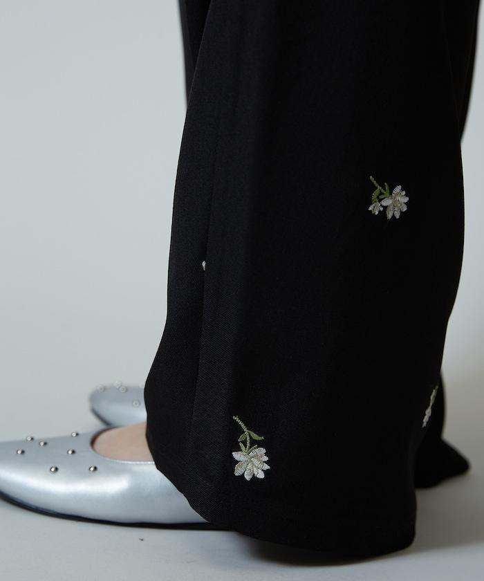 繭形 小花刺繡 休閒褲