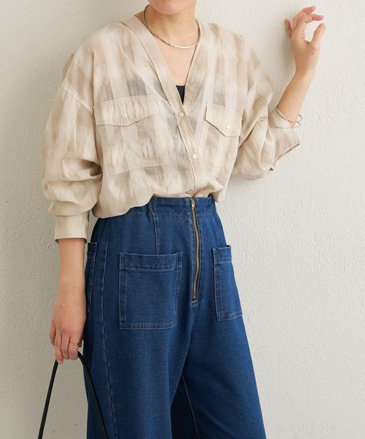 透視格紋無領襯衫