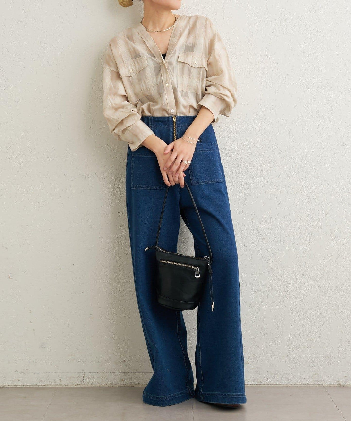 透視格紋無領襯衫