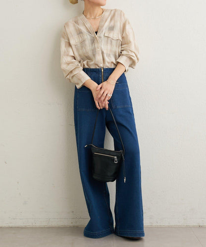 透視格紋無領襯衫