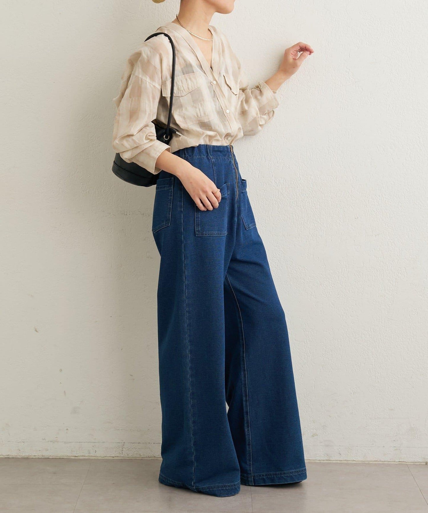 透視格紋無領襯衫