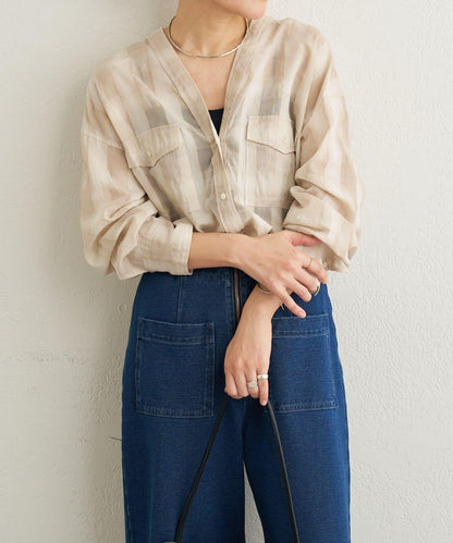 透視格紋無領襯衫