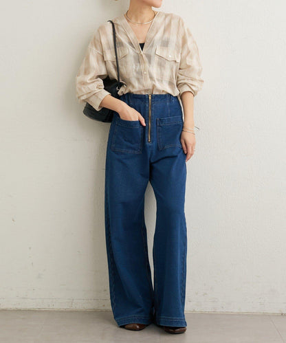 透視格紋無領襯衫