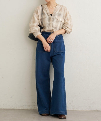 透視格紋無領襯衫