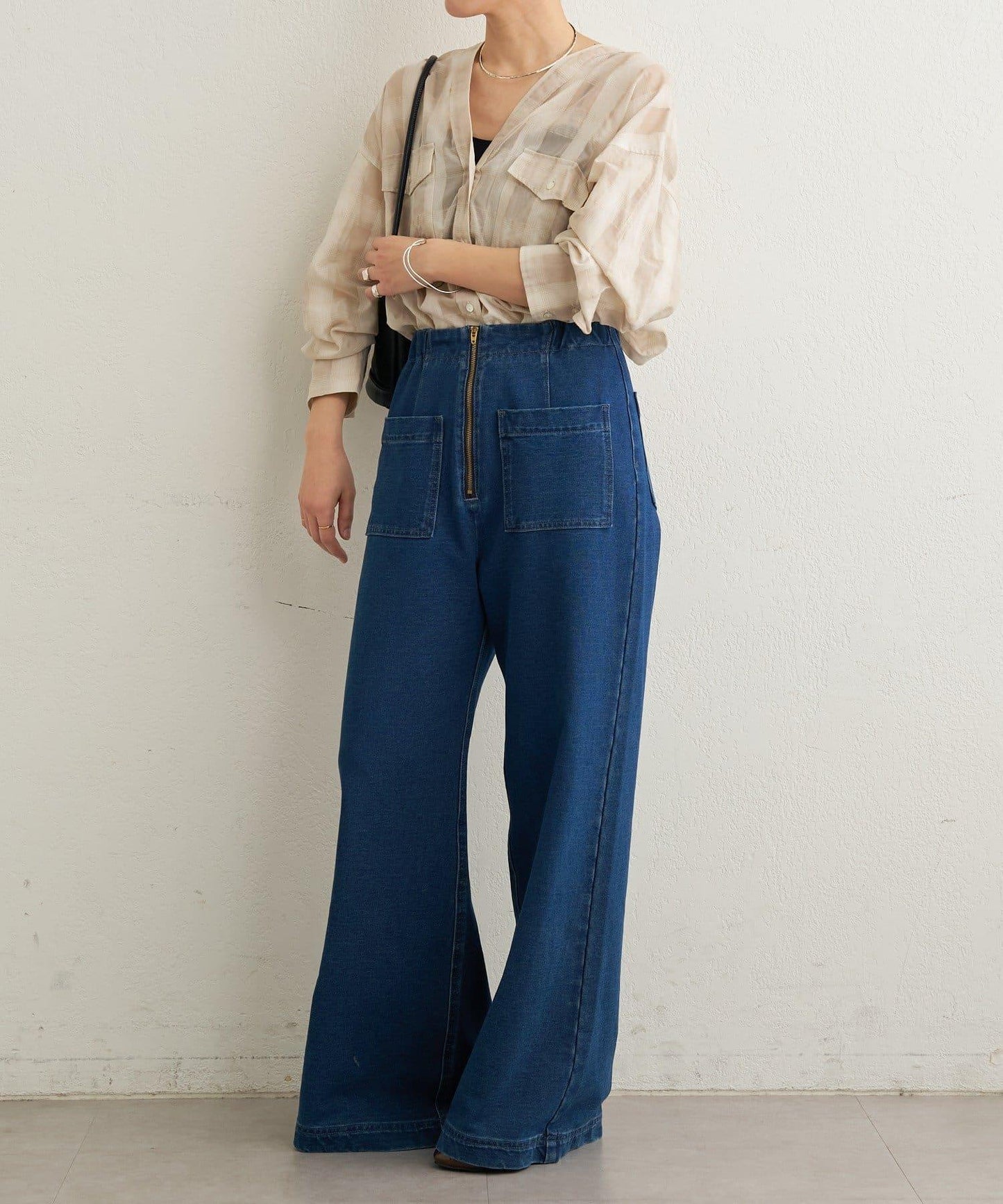 透視格紋無領襯衫