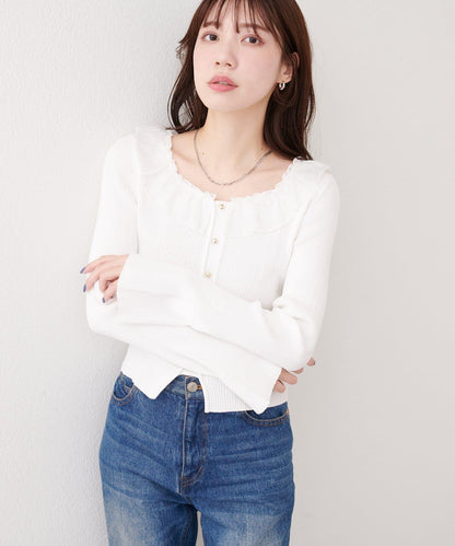 異材質荷葉邊針織上衣