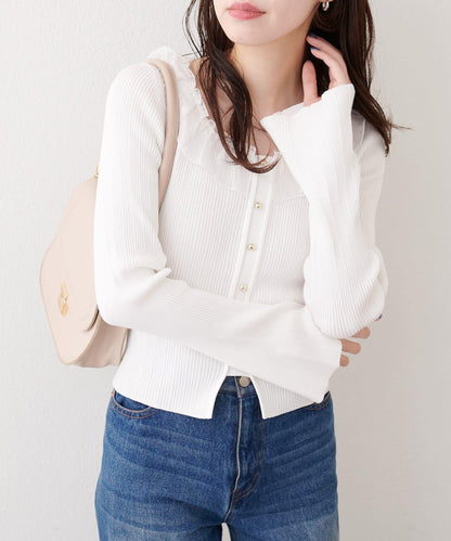 異材質荷葉邊針織上衣
