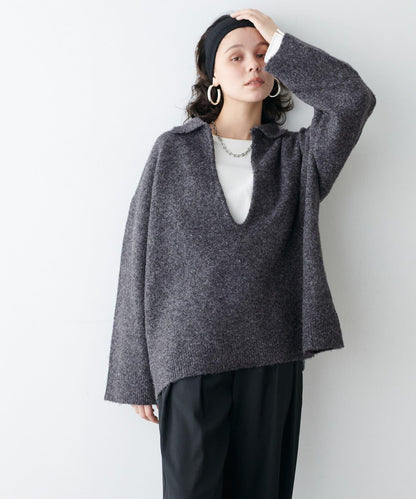 有領鑰匙領雜色針織上衣