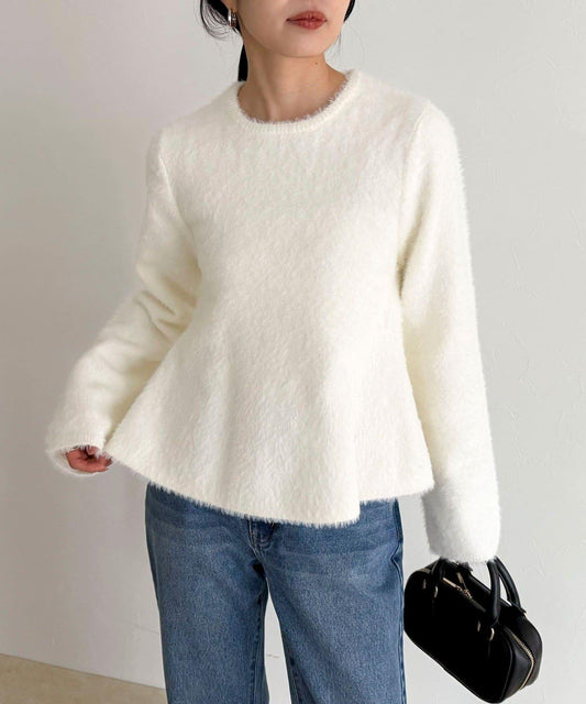 長毛絨荷葉下襬針織套頭衫