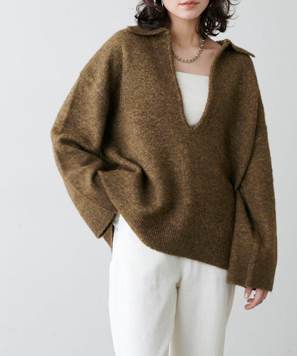 有領鑰匙領雜色針織上衣