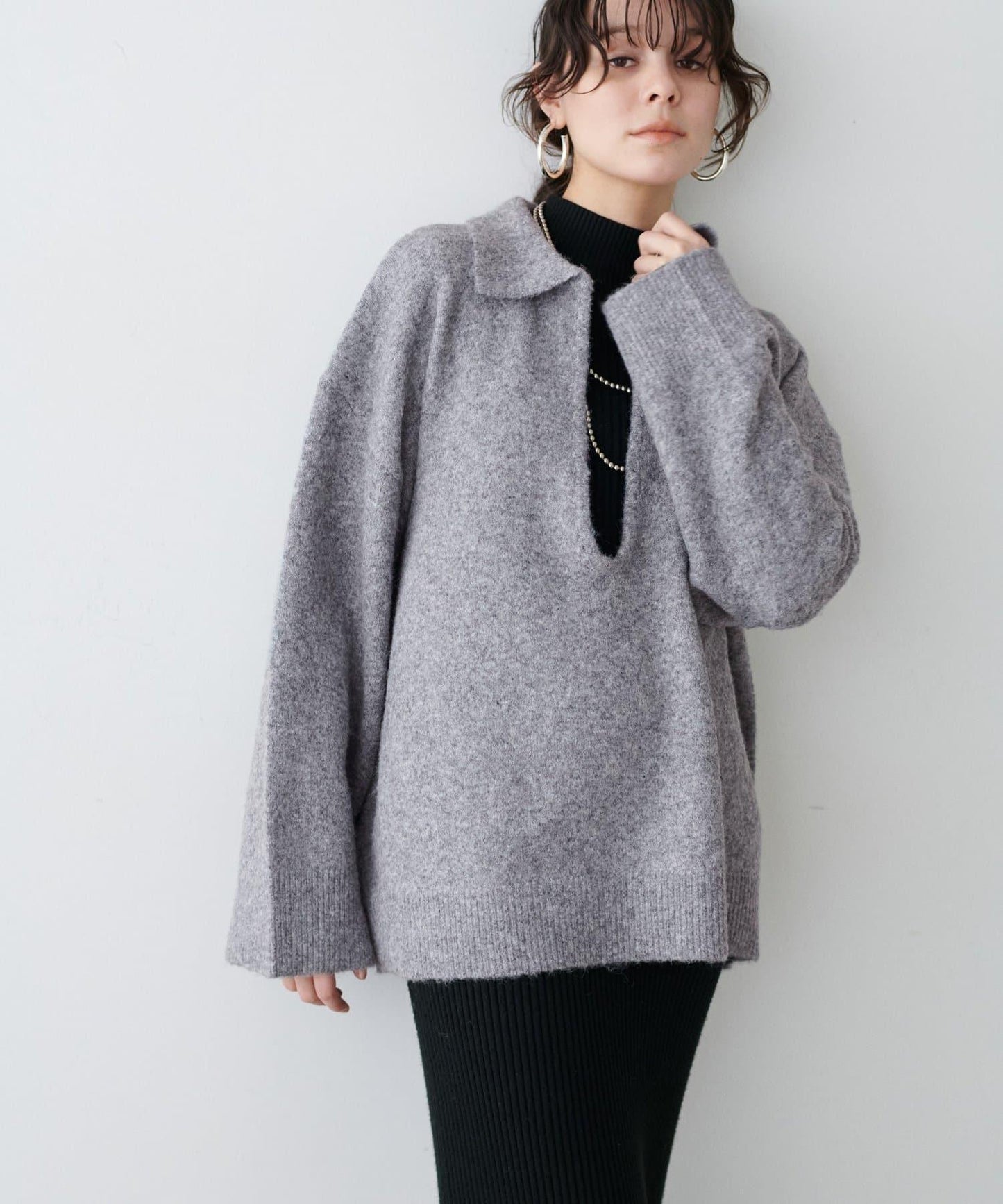 有領鑰匙領雜色針織上衣