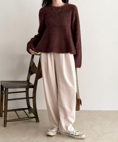 長毛絨荷葉下襬針織套頭衫