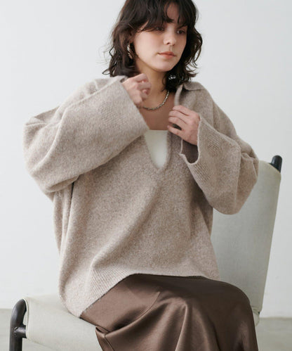 有領鑰匙領雜色針織上衣