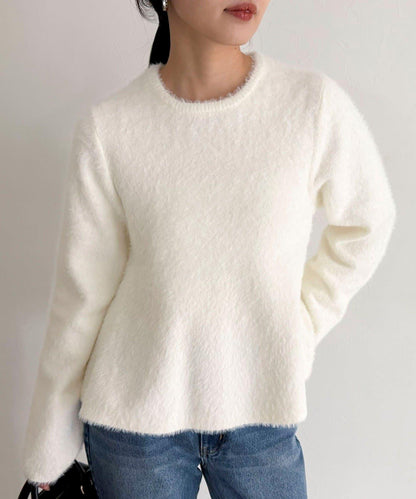 長毛絨荷葉下襬針織套頭衫