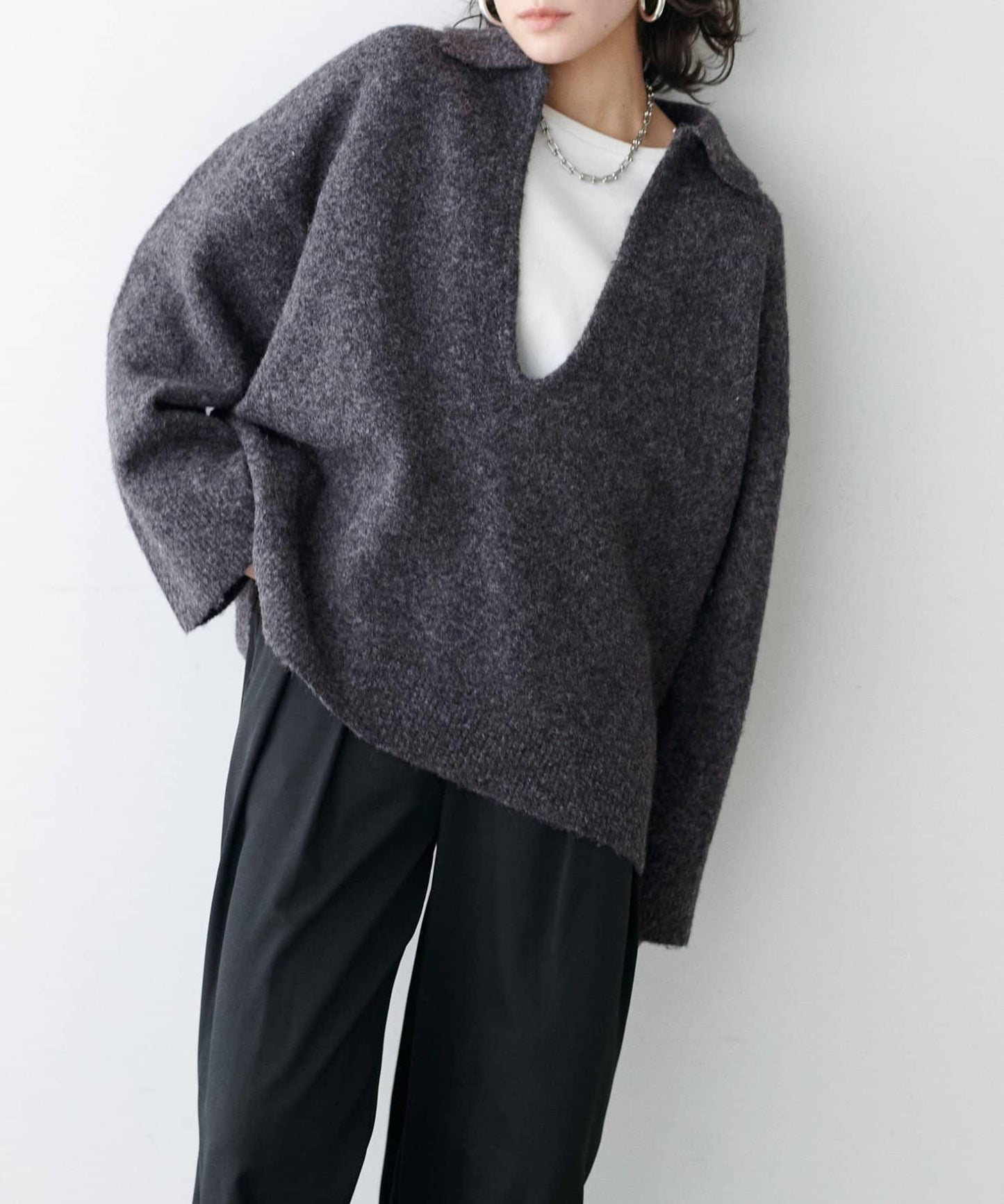 有領鑰匙領雜色針織上衣