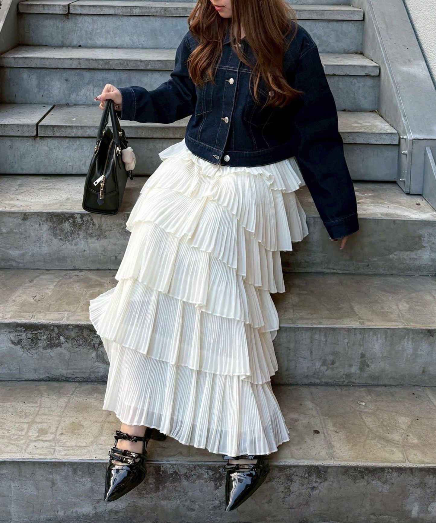 褶皺層疊設計 雪紡 半身裙