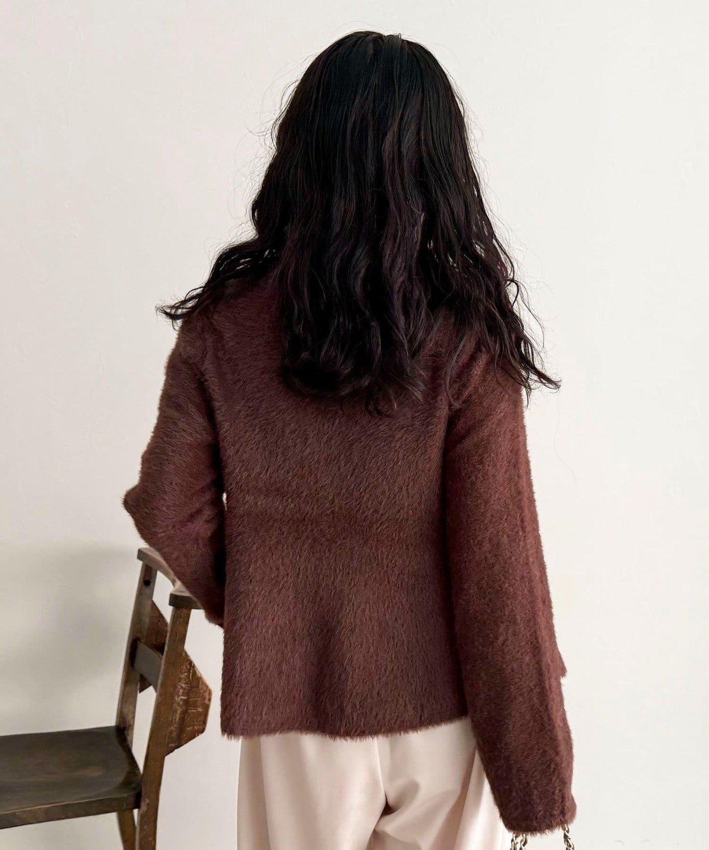 長毛絨荷葉下襬針織套頭衫