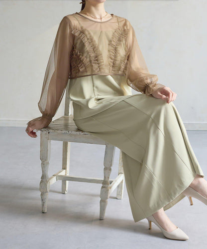 網紗荷葉邊小披肩 + 窄版吊帶連衣裙套裝