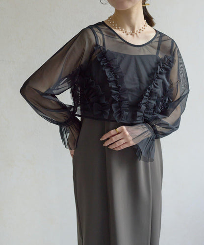 網紗荷葉邊小披肩 + 窄版吊帶連衣裙套裝