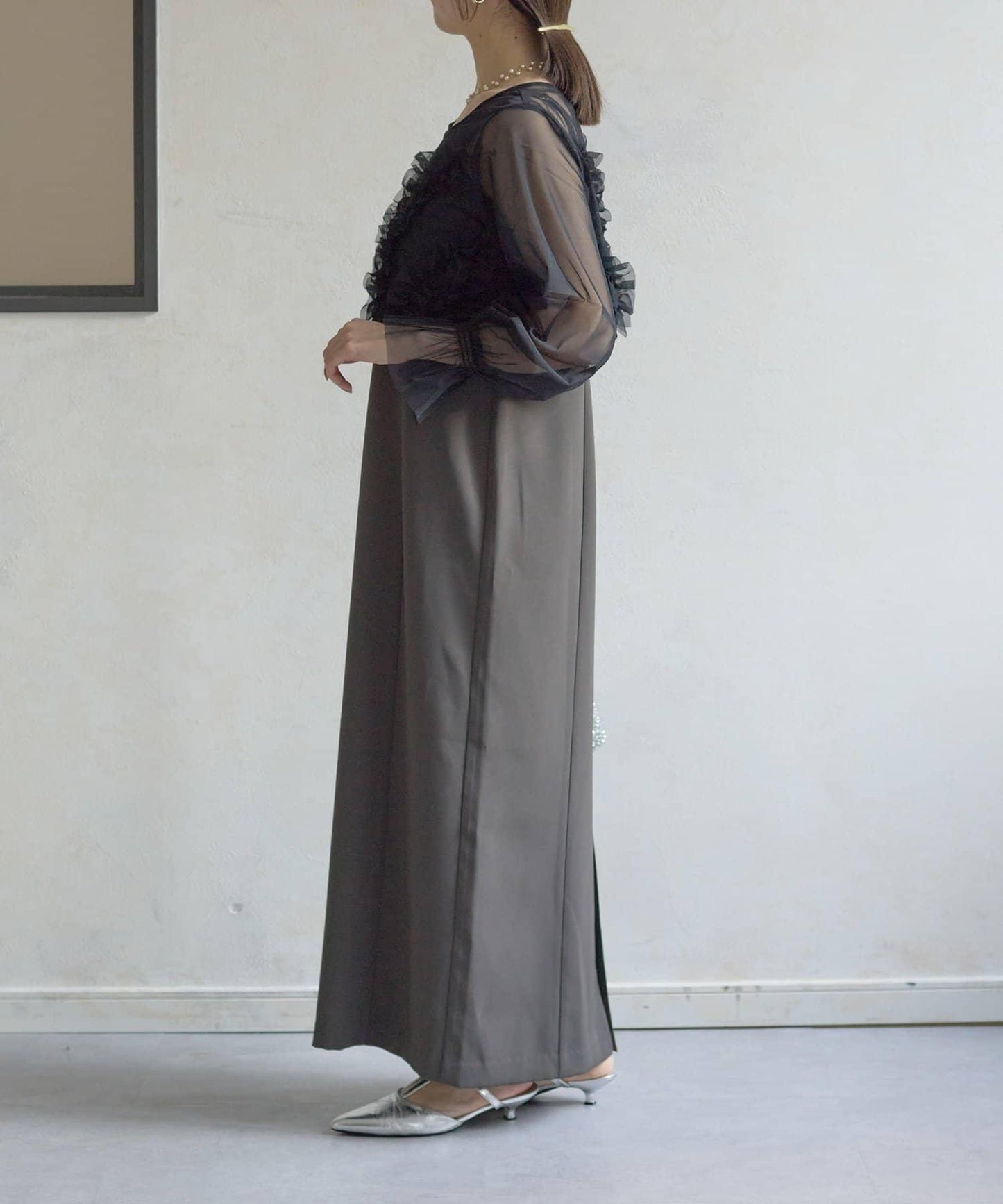 網紗荷葉邊小披肩 + 窄版吊帶連衣裙套裝