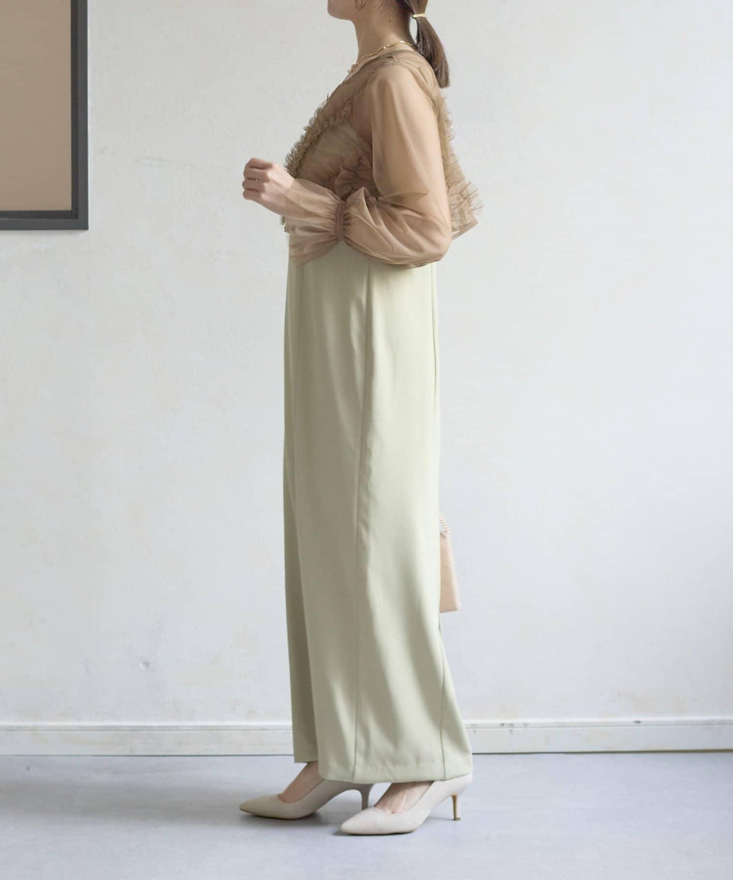 網紗荷葉邊小披肩 + 窄版吊帶連衣裙套裝