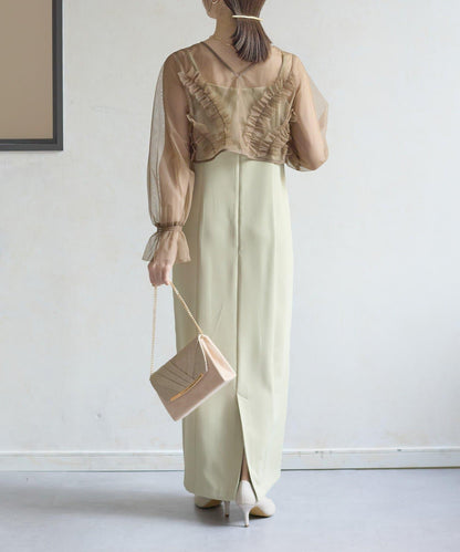 網紗荷葉邊小披肩 + 窄版吊帶連衣裙套裝