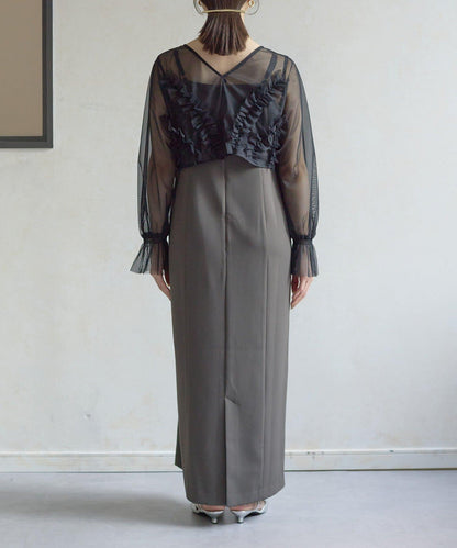 網紗荷葉邊小披肩 + 窄版吊帶連衣裙套裝