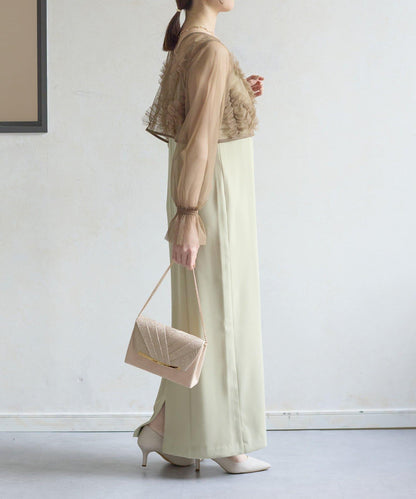 網紗荷葉邊小披肩 + 窄版吊帶連衣裙套裝