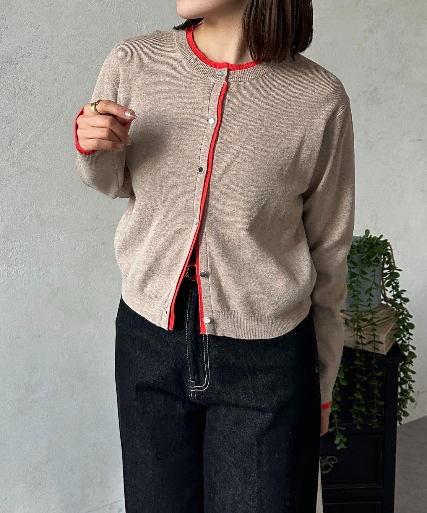 層次感拼色圓領針織開衫