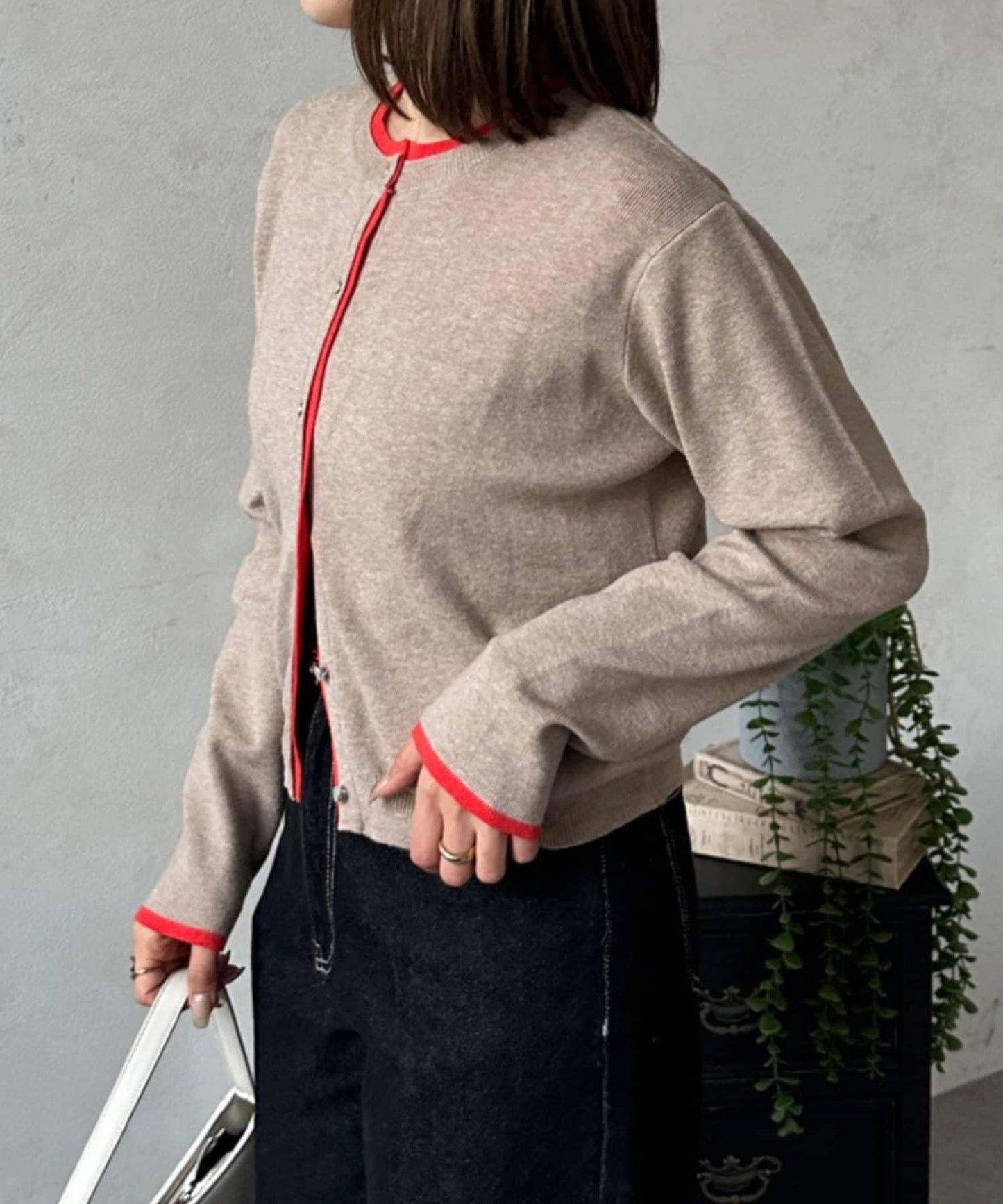 層次感拼色圓領針織開衫